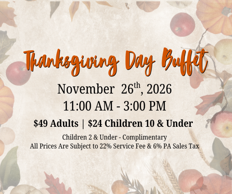 Thanksgiving Day Buffet at Wyndham Garden York, November 26, 2026, 11:00 AM to 3:00 PM. $49 adults, $24 children 10 and under. Reservations required, 717.846.9500 ext 7101.