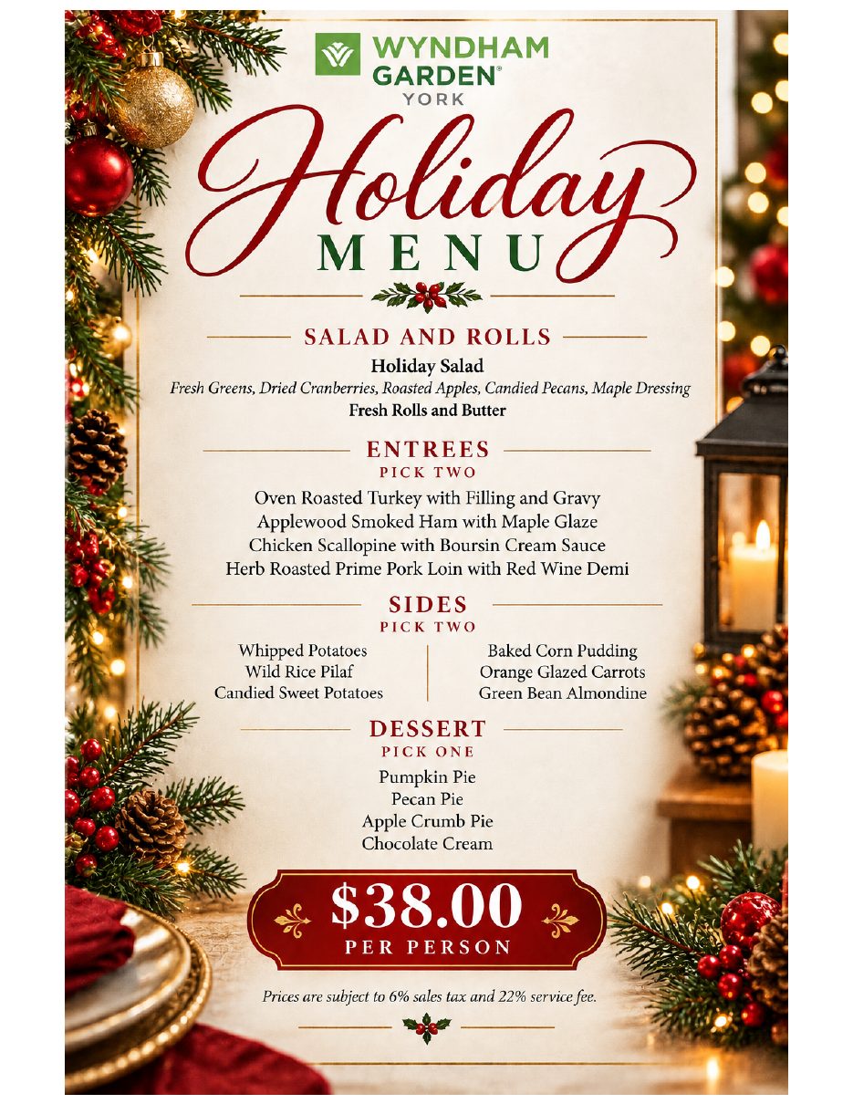 Wyndham Garden York Holiday Menu – catered holiday party dinner, $38 per person